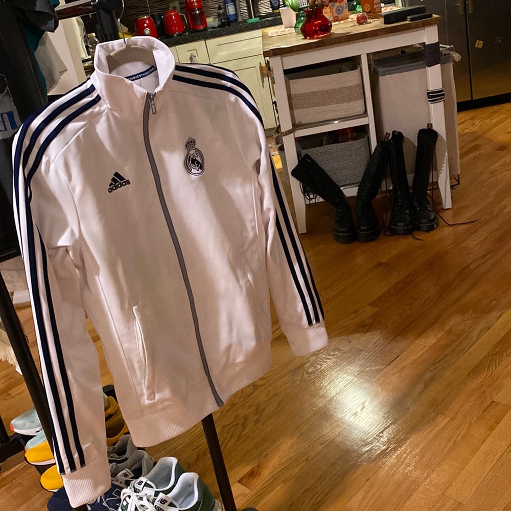 🌹🎸WORN TWICE!🎸🌹AWESOME ADIDAS ZIP UP JACKET XS🌹🎸WHITE W/ BLIE STRIPES🎸🌹